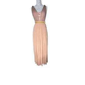 Free People Velvet Bodice Gown Size 2 Pink Beaded Embroidered Tulle Maxi Dress